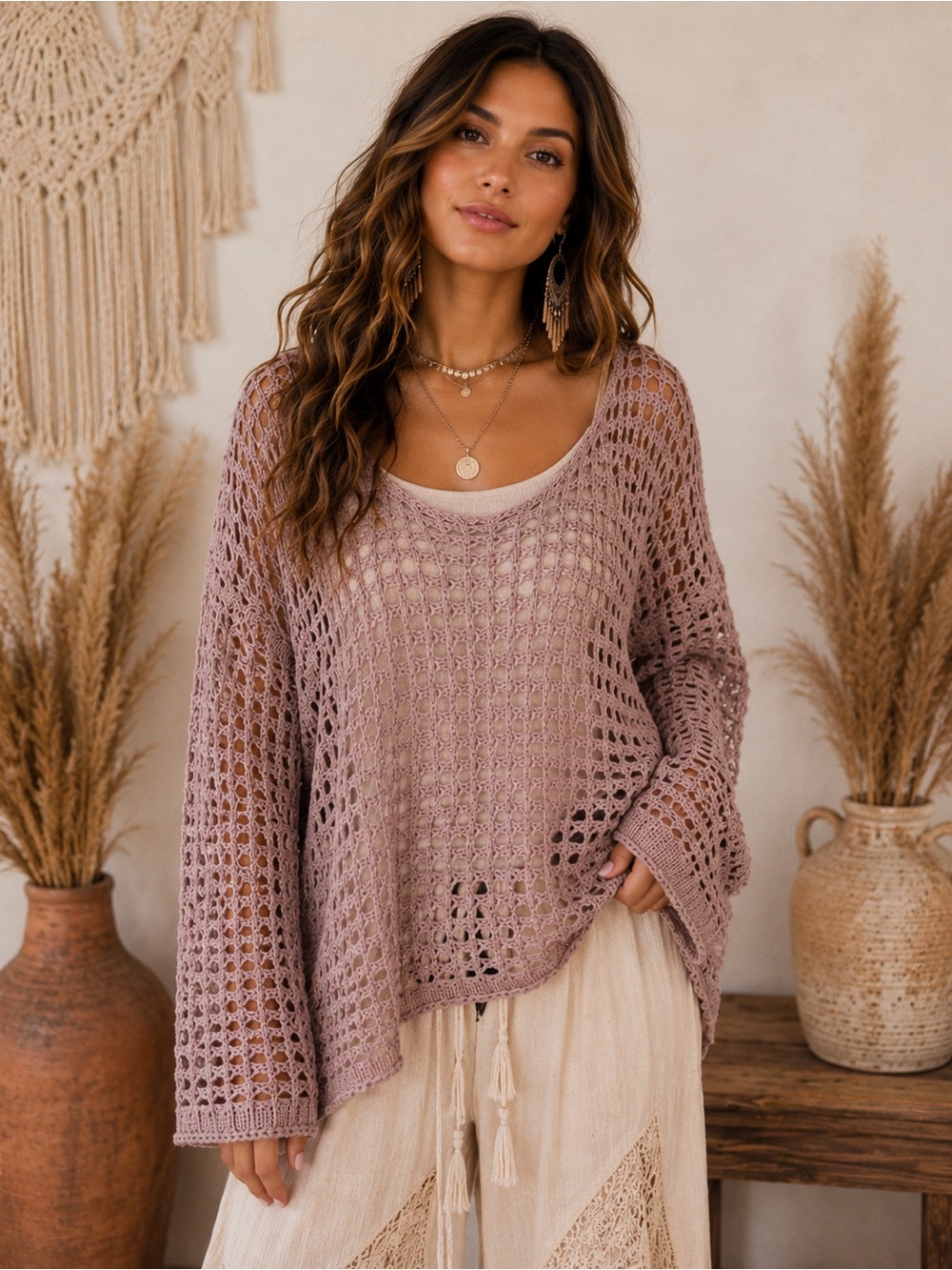 POL Women’s Large Mauve Crochet Open Knit Boho Oversized Sweater Tunic Top